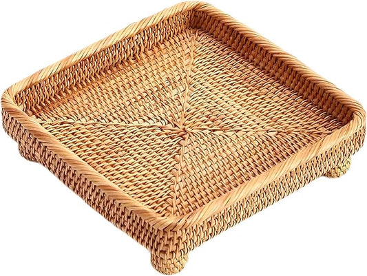 i-lan 9" Square Rattan Decorative Riser for Display,Small Items Serving Basket Vanity Tray - Square Woven Bread, Fruit, Keys Bowl Pedestal Stand,Flat Wicker Decorative Snack Trays for Candy Dish