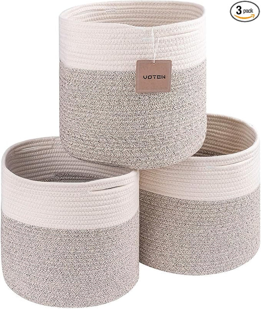 voten Storage Cubes Baskets Bins Organizer 11x11x11'' Fit 12x12''Cube Storage Organizer Bookcases Shelves,Durable Woven Cotton Storage Basket for Organizing,Round 3Pack Off White/Light Brown