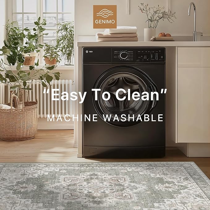 GENIMO 9x12 Area Rugs for Living Room, Non Slip Machine Washable Vintage Rugs, Low Pile Lightweight Chenille Print Large Rug for Bedroom, Dining Room, Home Office, Moonlight