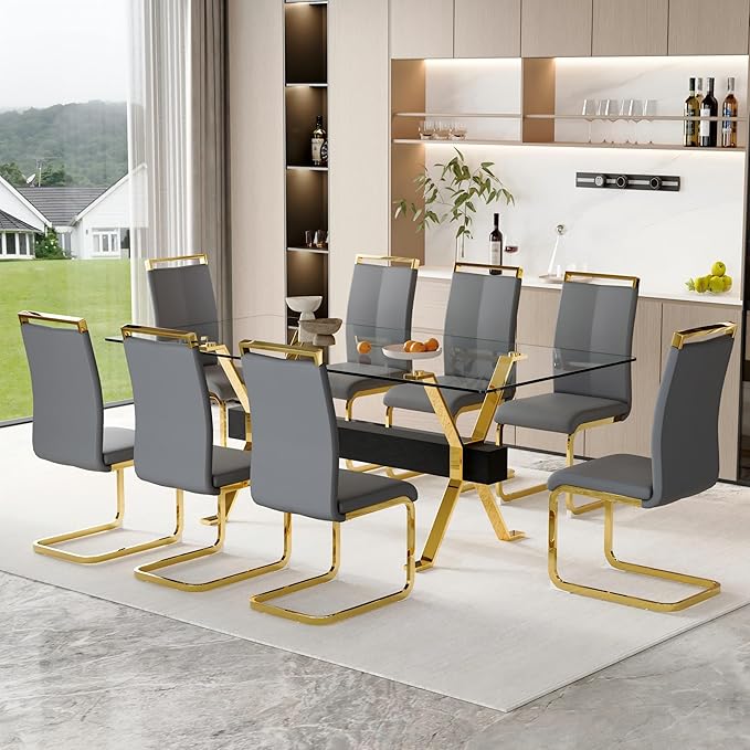 9 Piece Glass Dining Table Set, 79" Modern Dining Table Set for 8, 0.5" Thick Tempered Glass Tabletop with Gold Chrome Metal Legs and Black Crossbar, 8 PU Chairs for Dining Room, Kitchen