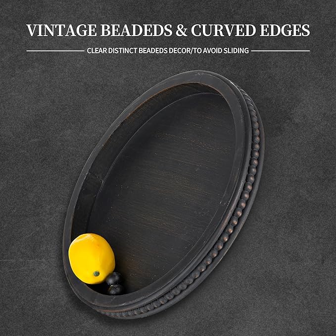 Hanobe Decorative Coffee Table Tray: Modern Farmhouse Beaded Round Tray Decor Rich Dark Brown Circle Wooden Ottoman Serving Platter for Centerpieces Kitchen Counter Bathroom