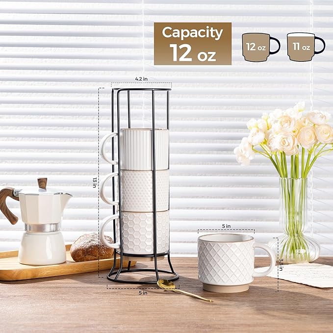 GBHOME 12OZ Stackable Coffee Mugs with Stand, Ceramic Coffee Mugs with Texture Patterns for Man,Woman,Dad,Mom, Modern Coffee Cups Set of 4 for Latte/Cappuccino/Cocoa. Dishwasher&Microwave Safe