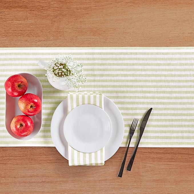 Solino Home Linen Cloth Napkins Set of 4-100% Pure Linen Sage and White Striped Dinner Napkins 20 x 20 Inch for Fall, Thanksgiving, Christmas - Amalfi Stripe, Handcrafted and Machine Washable