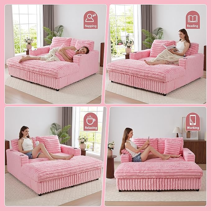 RARZOE 64'' Oversized Chaise Lounge Chair Indoor, Plush Faux Rabbit Fur Sleeper Sofa Bed with 4 Pillows, Charging Station & Cup Holders, Fluffy Comfy Cloud Couch Loveseat Sofa for Living Room,Pink