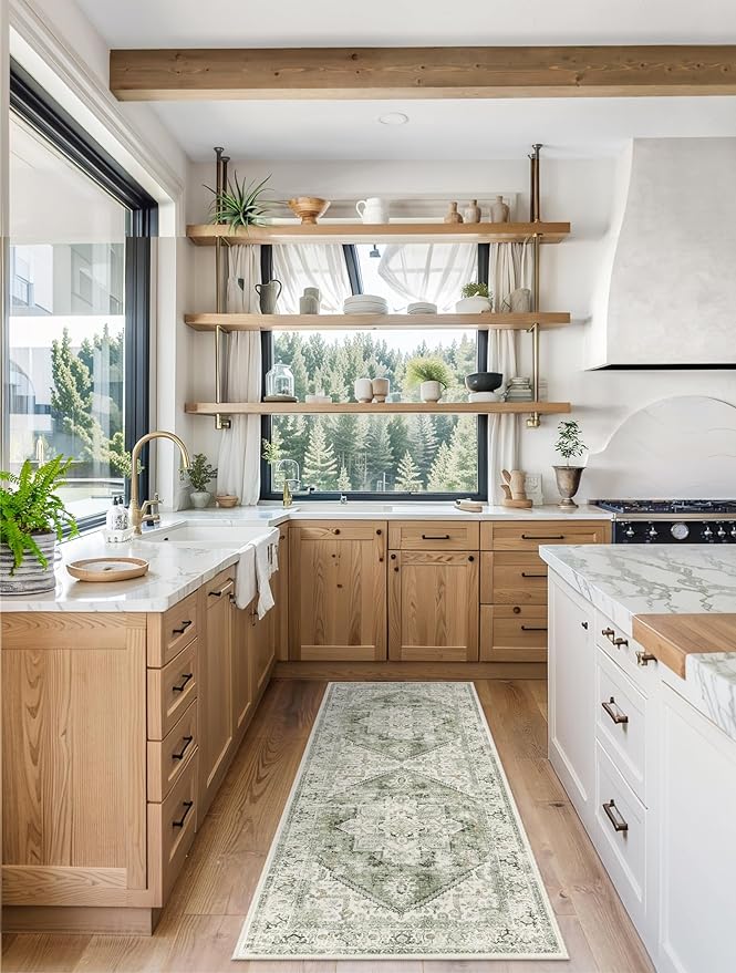 LIVEBOX Washable Runner 2x6 - Vintage Tribal Kitchen Rug, Long Entryway, Low-Pile for Bedroom, Non-Skid Soft Carpet Throw for Bathroom Laundry Room Hallway Sage