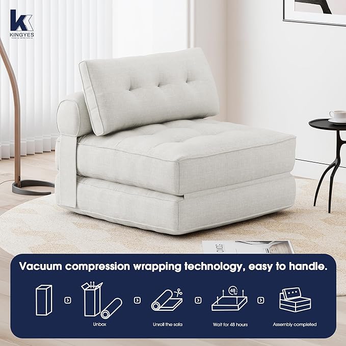 KINGYES Folding Sofa Bed, Convertible Sleeper Chair with Pillow, Foldable Single Futon Chair Floor Sofa Lounge for Living Room, Beige
