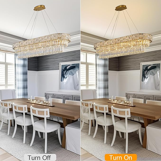 Crystal Chandeliers, 49.2" 18-Light Gold Chandelier for Dining Room, Rectangular Chandelier for Kitchen, Living Room Chandeliers, Island Lights Hanging Lights Dimmable