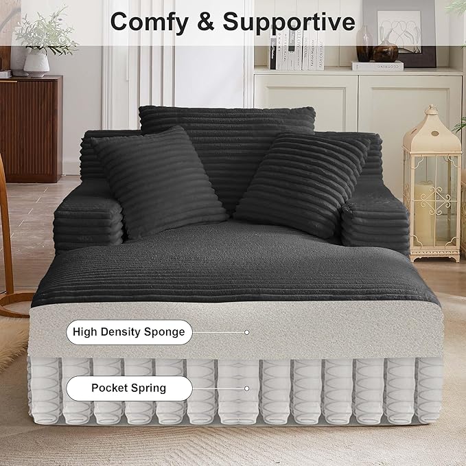 GNIXUU Oversized Chaise Lounge Chair Indoor, Comfy Lounge Sofa Upholstered Boneless Couch Bed with Throw Pillows and Armrests, Corduroy Plush Cloud Sofa Reading Chair for Living Room, Black