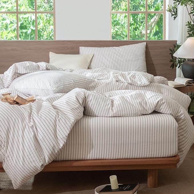 MooMee Striped Duvet Cover Set 100% Washed Cotton Linen Like Textured Breathable Durable Soft Comfy (White Orange Wide Stripes, Full 80"x90")