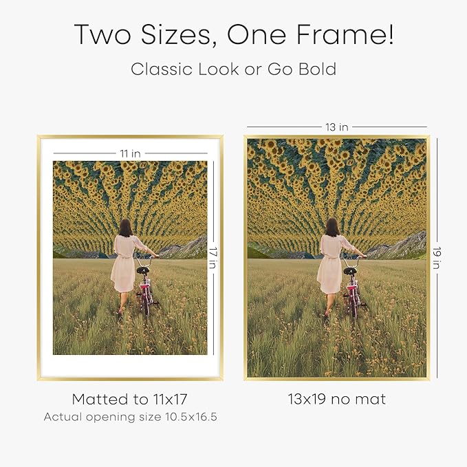 Homeforia 13x19 Picture Frame Gold, High End Metal 13x19 Poster Frames with Mat 11x17 Photo, 13 x 19 Gold Frames Matted to 11 by 17 Print, 19x13 Thin Hanging Frames, Tempered Glass, Wall Kit, Set of 1