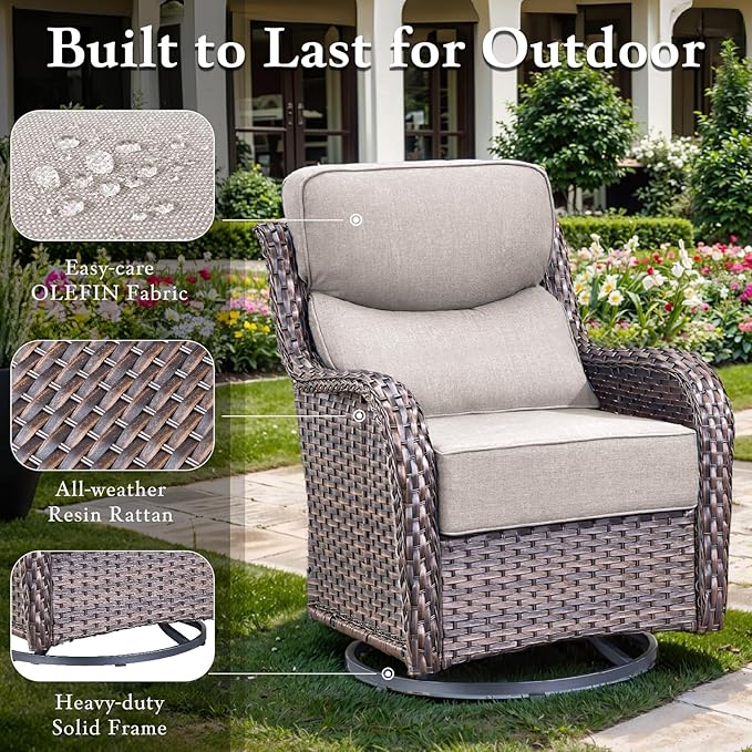 Luxury High Back Outdoor Furniture with 6-inch Extra Thick Cushions, Patio Furniture Set with Swivel Chairs, 7 PCS Wicker Conversation Set for Yard, Deck, Poolside, Brown/Beige