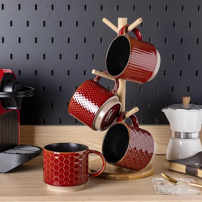 GBHOME 12 OZ Stackable Coffee Mugs, Ceramic Coffee Cups with Texture Patterns for Man,Woman,Dad,Mom, Modern Coffee Mugs Set of 4 for Latte/Cappuccino/Cocoa. Dishwasher&Microwave Safe, Red