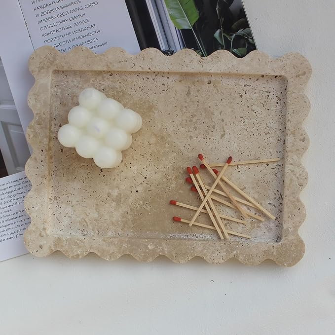 Natural Luxury Scalloped Marble Tray 10.8"x8", Rectangle Vanity Tray for Bathroom Kitchen Counter, Decorative Tray for Dresser Home Decor - Beige Travertine