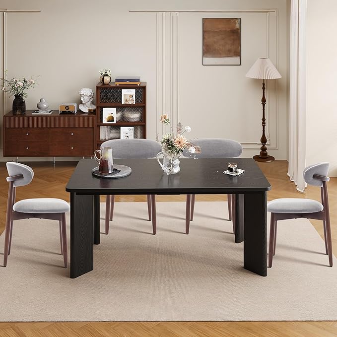 7-Piece Rectangular Dining Table Set for 6, 63" Industrial Kitchen Table with 6 Wooden Upholstered Dinner Chairs for Dining Room, Kitchen, Living Room, Black+Light Gray