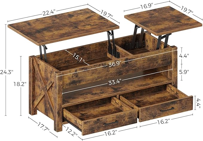 Seventable Coffee Table, 39.3" Lift Top Coffee Table with 2 Storage Drawers and Hidden Compartment, Farmhouse Center Table with Wooden Lift Tabletop, for Living Room,Rustic Brown