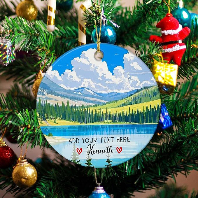 Yellowstone National Park Ornament Christmas 2025, Personalized Text/Name Yellowstone Landscape Ceramic Keepsake Ornament Gift for Outdoor Adventure Lovers, Custom USA Landscape Xmas Tree Decorations