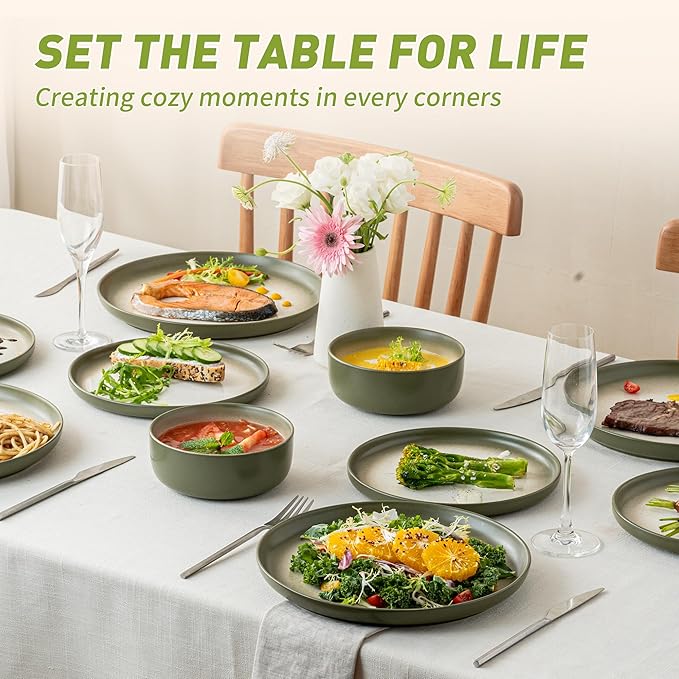 12 PCS Stoneware Dinnerware Sets, Plates and Bowls Set for 4, Reactive Glaze Dishes Set for Kitchen Dinning, Microwave & Dishwasher Safe, Lichen Green