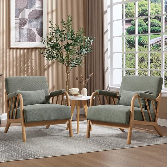 ANJ Mid Century Modern Accent Chair Set of 2，Living Room Chairs with Wood Frame &Lumbar Pillow, Upholstered Reading Armchair for Bedroom