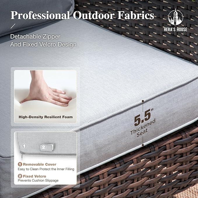 HERA'S HOUSE Gray Patio Furniture Set with High Back Swivel Chairs, Comfy Outdoor Wicker Conversation Sofa Sets with 5.5" Waterproof Cushions for Deck Lawn Backyard