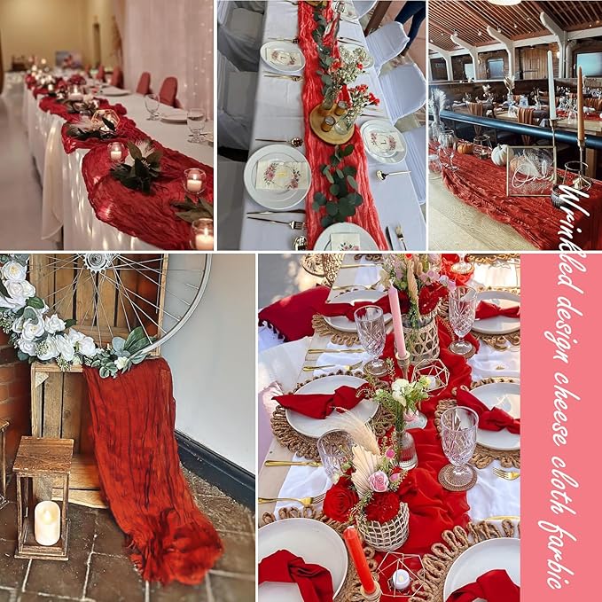 8 Pack Red Cheesecloth Table Runner 35x120 Inches Boho Gauze Rustic Christmas Cheese Cloth Table Runners 10ft Long Romantic Sheer Table Runner for Wedding Bridal Baby Shower Party Decor