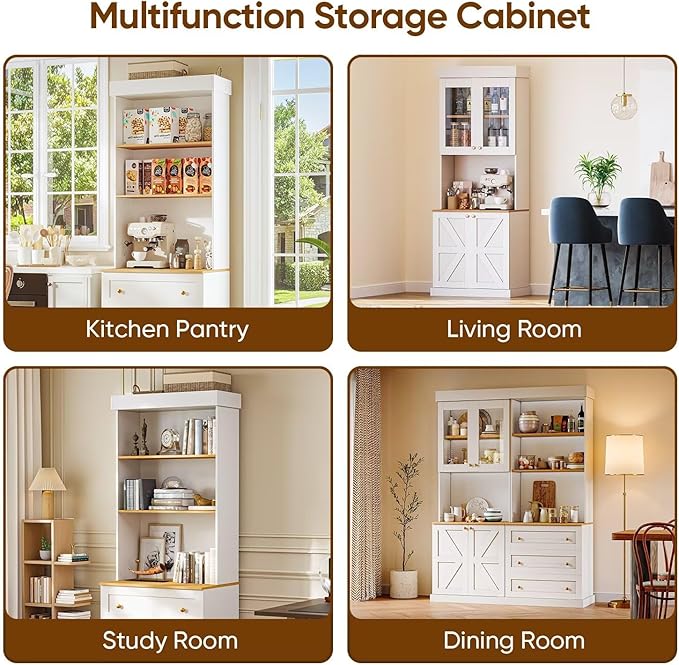 71" Farmhouse Kitchen Pantry Cabinet Set of 3, White Freestanding Coffee Bar with Glass Doors, Microwave Stand, Large Storage Hutch with Adjustable Shelves for Kitchen or Living Room