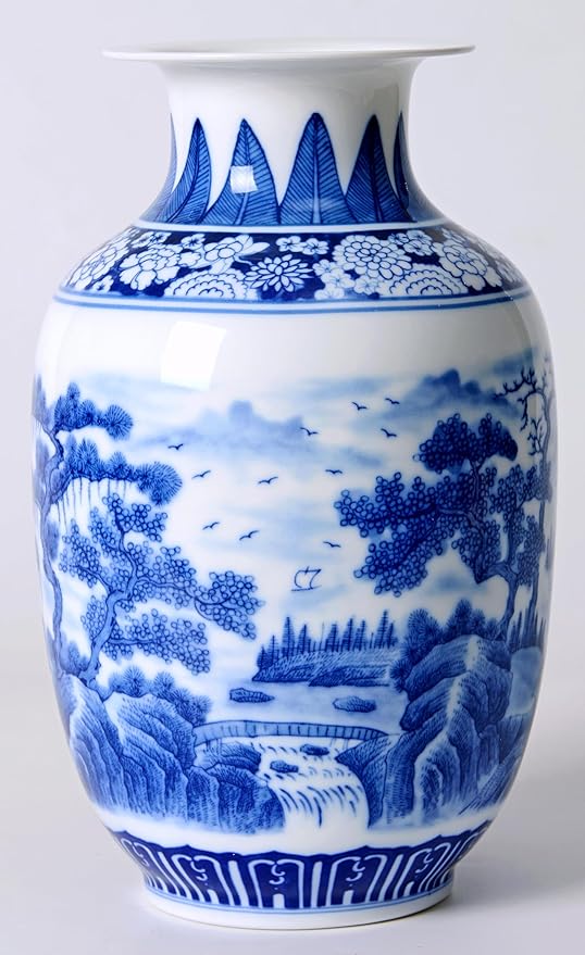 Blue and White Vintage Vase Chinoiserie Farmhouse Decorative Vases Flower Terracotta pots for Tableshelf Bookshelf Bathroom Living Room Kitchen 9.4 inch