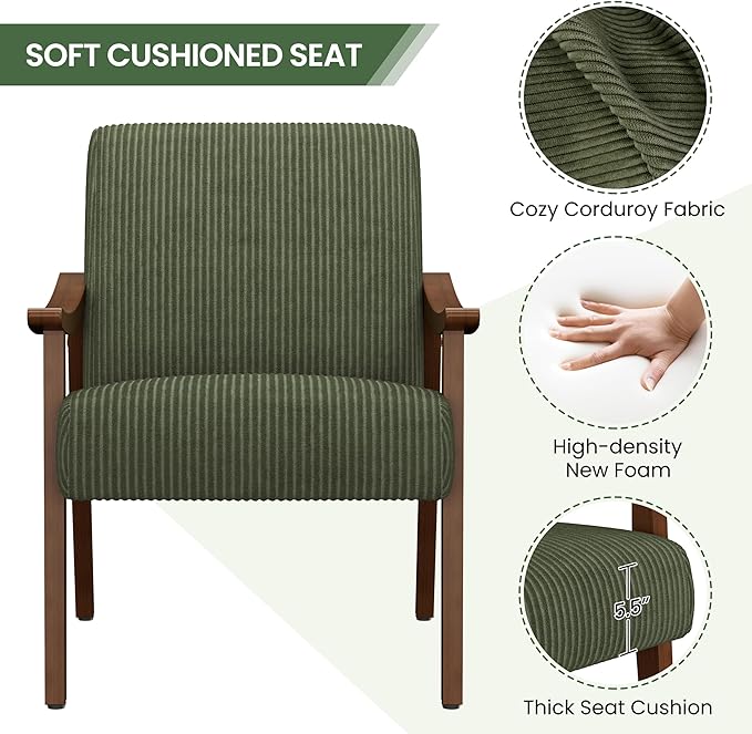 Yaheetech Corduroy Accent Chair, Mid-Century Modern Armchair with Solid Wood Legs, Reading Leisure Chair with High Back for Living Room Bedroom Waiting Room, Set of 2, Dark Green