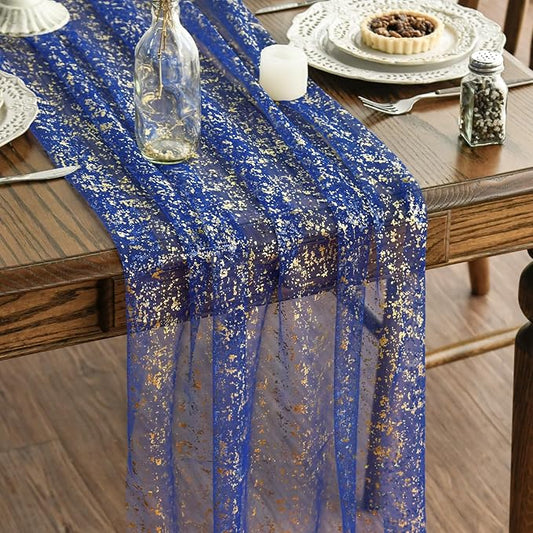 Artoid Mode 6PCS Blue Gold Gauze Table Runner 120 Inch 10FT, Glitter Metallic Foil Sheer Dining Wedding Anniversary Holiday Table Decor for Home Party