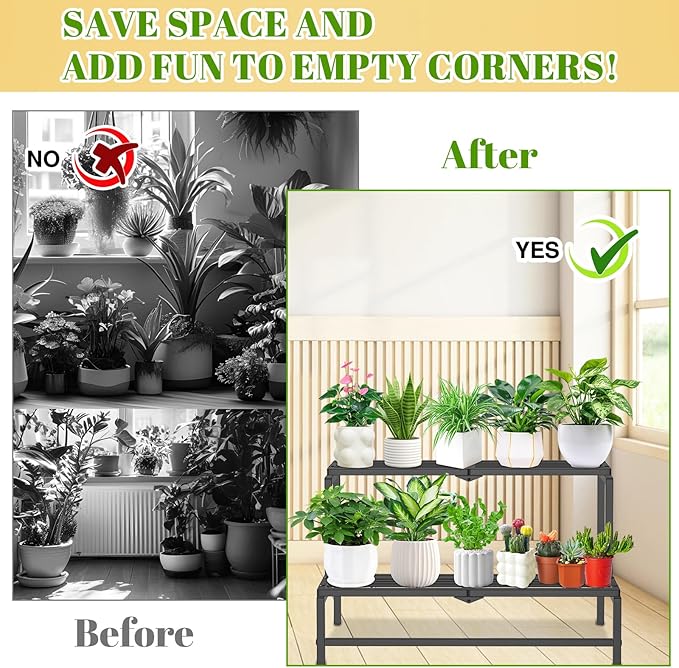 2 Tier Plant Stand Indoor Outdoor, Heavy Duty Metal Tall Plant Shelf for Multiple Flower Planter Holder, Ladder Pot Display Rack for Patio Garden Corner Balcony Living Room (Black)