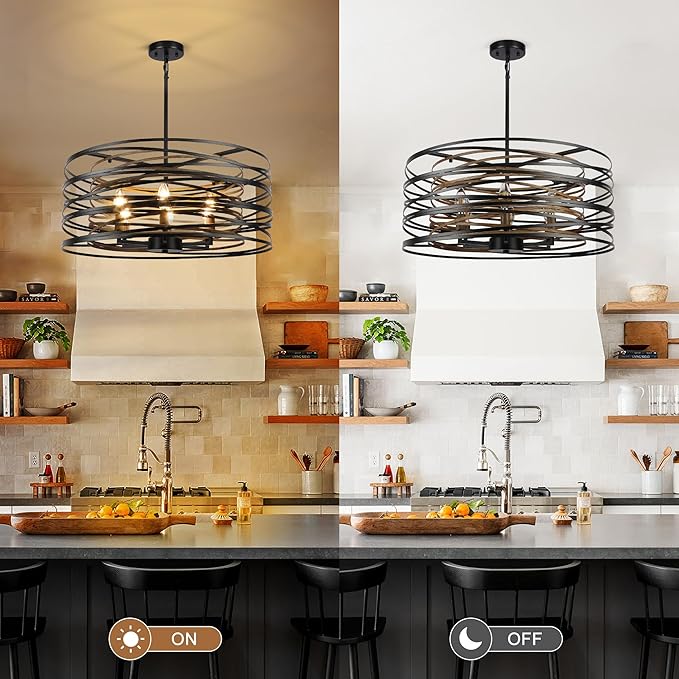 6-Light Dining Room Chandeliers Farmhouse，23.6" Large Black Farmhouse Chandelier，Wood Grain and Vintage Black Dining Room Light Fixture for Kitchen Entryway Living Room