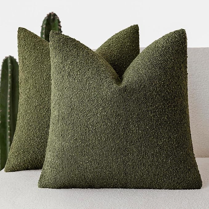 Foindtower Set of 2, Decorative Textured Boucle Throw Pillow Covers Accent Solid Pillow Cases Neutral Soft Cozy Couch Cushion Case for Chair Sofa Bedroom Living Room Home Decor 16x16 Inch Moss Green