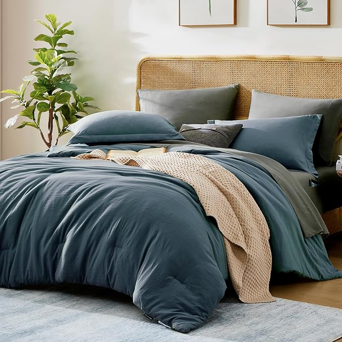 WRENSONGE King Size Comforter Set- 7 Pieces Blue Grey Bed in a Bag King with Fitted Sheet, Flat Sheet, 2 Pillow Shams, and 2 Pillowcases-Warm King Bedding Set for All Season