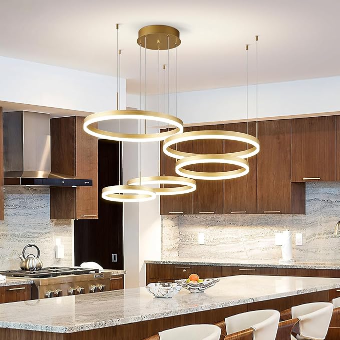 Modern Gold Chandelier Ring LED Dimmable Pendant Light Ceiling Light Fixtures 5 Rings Circle Geometric Chandeliers for Dining Room Living Room Entryway Bedroom Hallway Foyer