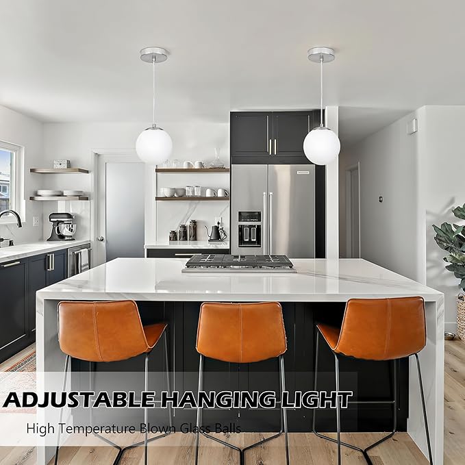 KoKo&Yukina 6 Inch Globe Pendant Light Nickel Globe Pendant Lights Kitchen Island Mid Century Light Fixture with Milky White Glass Shade for Dining Room (2 Pack)