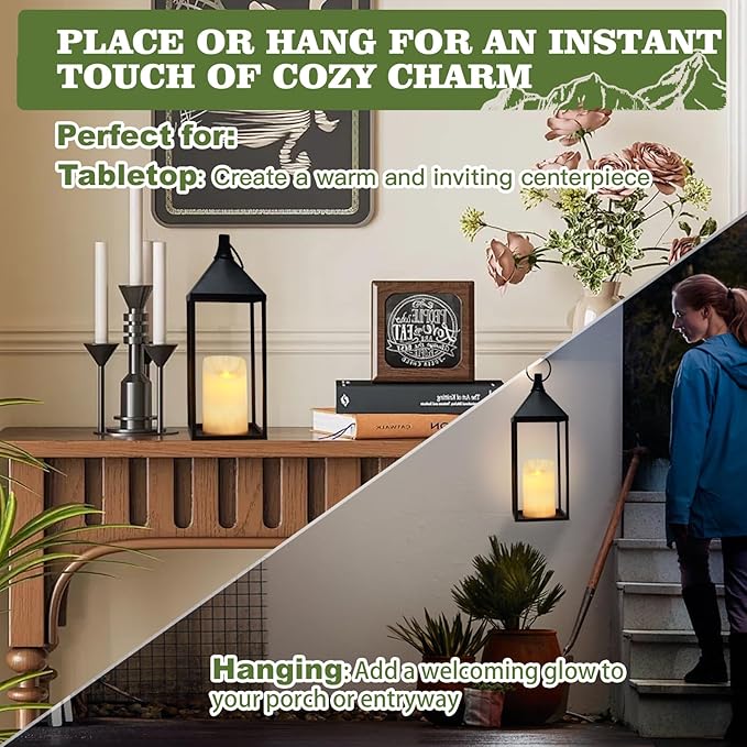 17" 13" Modern Farmhouse Candle Lantern Decor Set of 2 Black Metal Candle Lanterns with Flameless Candles, Lanterns Decorative Indoor for Fireplace Mantle Table Outdoor Lanterns for Patio Porch Garden