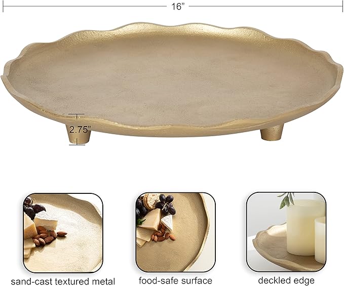 Kate and Laurel Alessia Modern Decorative Scalloped Round Footed Metal Tray; 16 Inch Diameter; Gold; Food-Safe Cast Aluminum Pedestal Transitional Tray with Rough Texture and Deckled Edge