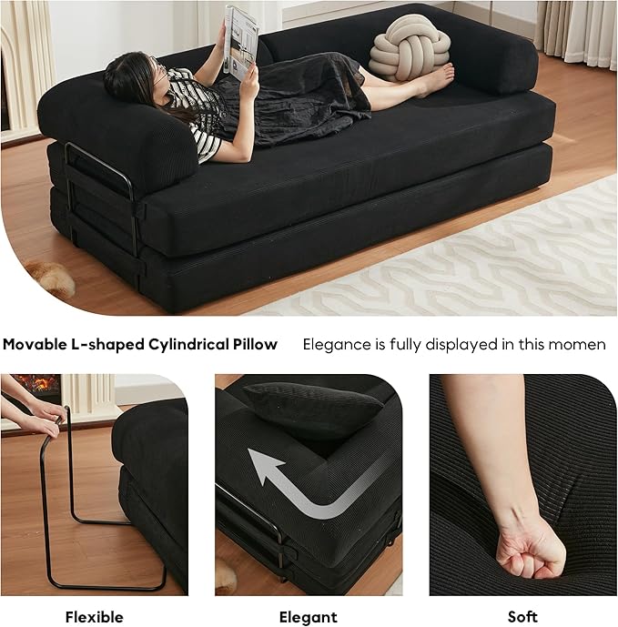 Convertible Sleeper Sofa Bed with Cylindrical Pillow, Corduroy Folding Mattress Couch with Fixed-Shape Frame, Floor Sofa Lounge Couch for Living Room Bedroom Lounge Studio-Black
