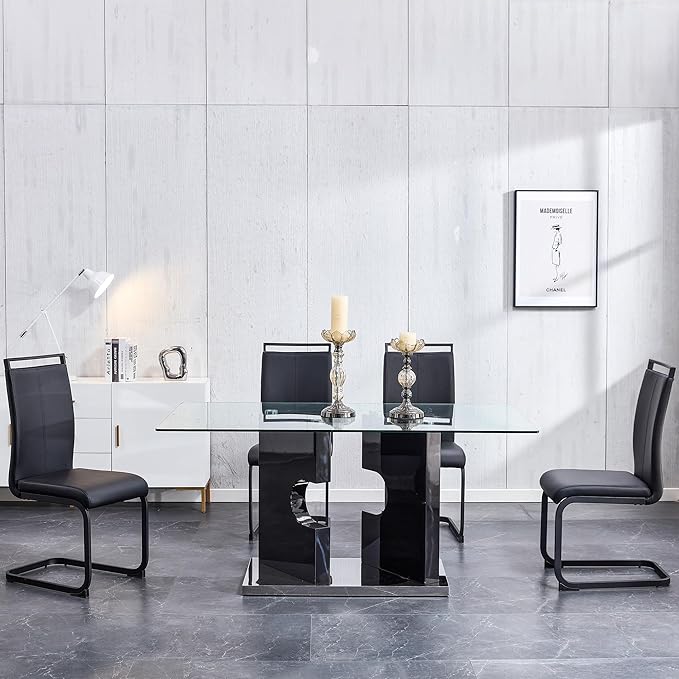 Glass Dining Room Table Set for 4,Dining Table Set for 4 with PU Leather Chairs,Retangular Dining Table with MDF Table Legs and Sliver Base for Dining Room