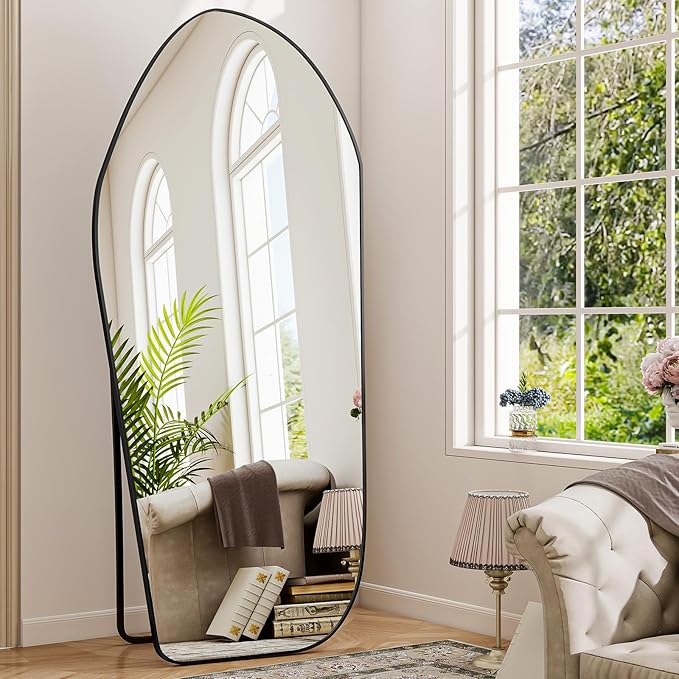 BEAUTYPEAK Full Length Dress Mirror - Floor Mirror 76"x34" Irregular Diamond Shape Aluminum Frame, Standing or Hanging Mirror for Bedroom Living Room Entryway, Black