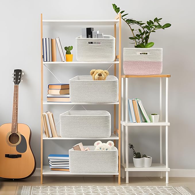 COMFY-HOMI 2 pcs Large Storage Baskets for Shelves, Laundry Basket, Woven Rope Basket, Closet Organizer Bins for Clothes Blanket Towels, Baby Nursery, Gift Toy Baskets, 17” x 13” x 7.5”-White