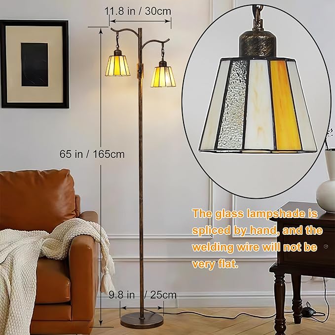 Vintage Dimmable Floor Lamp, Tiffany Standing Lamp with 2 Stained Glass Shades, Rustic Farmhouse Floor Lamp with Bronze Finish for Living Room Bedroom