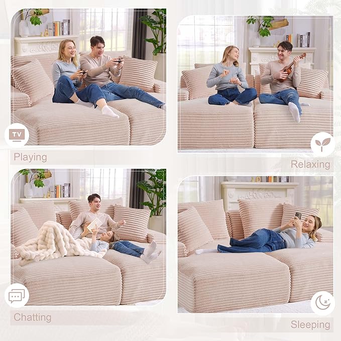 GNIXUU 78.8" Oversized Double Chaise Lounges Indoor, 2 Pieces Comfy Corduroy Chaise Lounge Chair Cloud Boneless Couch, Fluffy Upholstered Sleeper Loveseat Bed for Living Room Bedroom Reading(Pink)