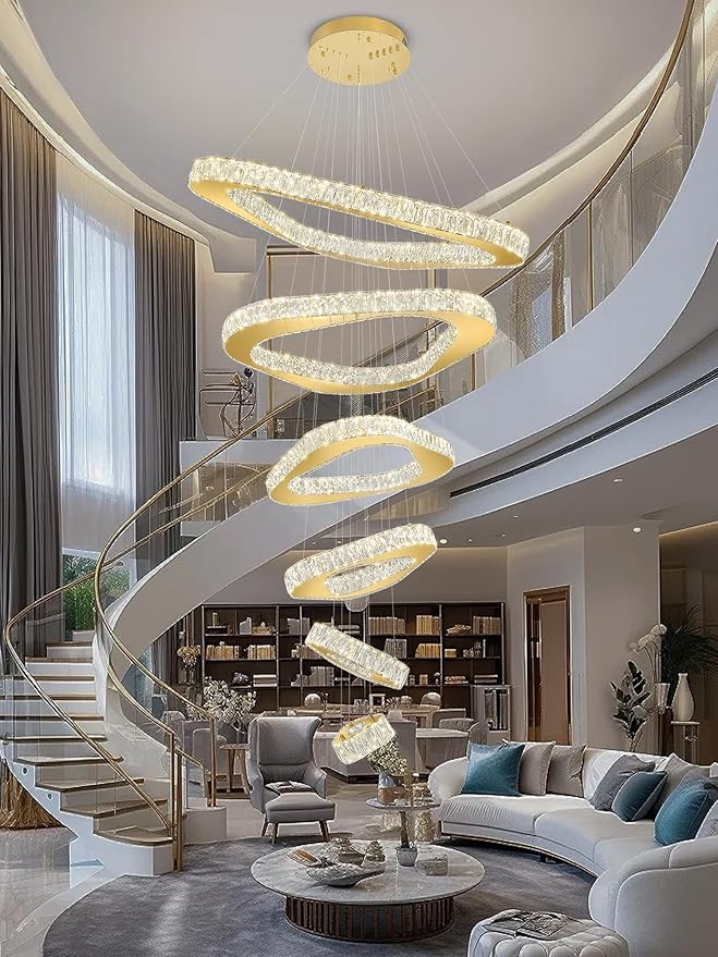 Modern Crystal Chandeliers for High Ceiling 6 Ring Chandelier LED Gold Ceilings Lights Fixtures High Ceiling Chandelier for Foyer Staircase Living Room Dining Room 2700K-6000K