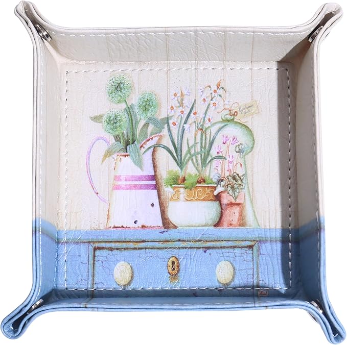 Decorative Valet Tray Organizer for Keys, Makeup Brush Holder, Jewelry Tray Dish,Cute Bowl Trinket Tray,New Home Gifts for Women,Catchall Bedside Nightstand Caddy Holder (Plants and Flowers)