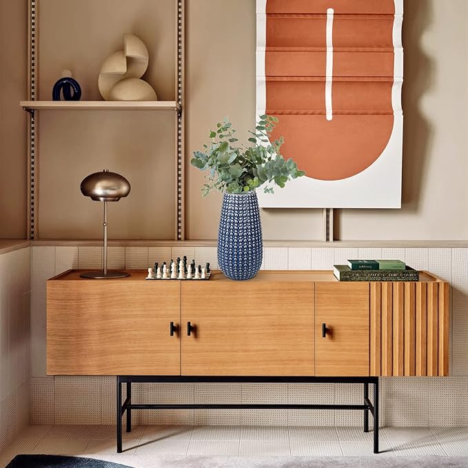 Blue Ceramic Vases for Flowers, Boho Flower Vase for Home Decor, Farmhouse Distressed Decorative Vases for Pampas Grass, Mantel, Shelf, Living Room, Table Decoration