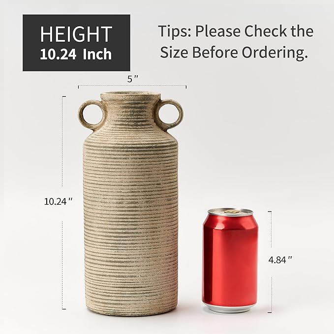 Ceramic Rustic Vase with 2 Round Handles, Antique Farmhouse Flower Vase, Vintage Terracotta Vases for Home Decor, Wedding, Living Room, Table, Shelf Decor - 10.2 Inch Tall, Terra