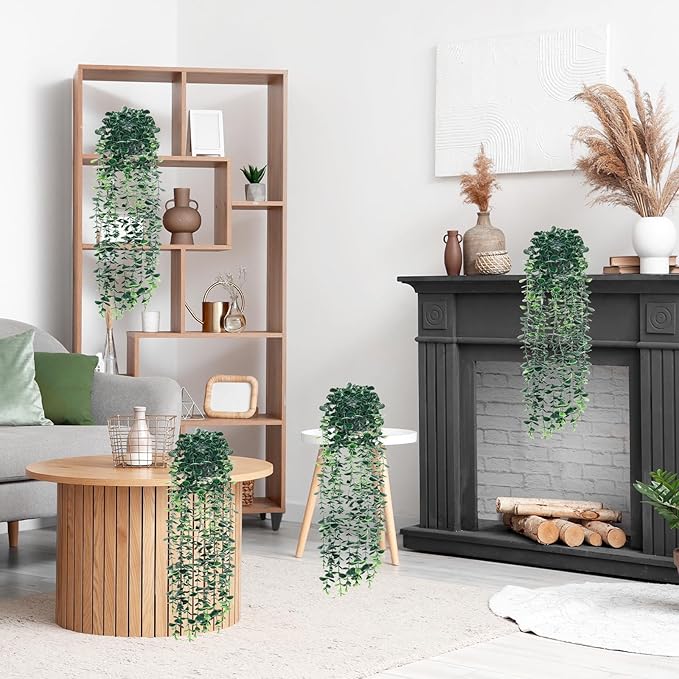 4pcs Artificial Hanging Eucalyptus Plants，Fake Plants Eucalyptus Small Decor Faux Hanging Vine Plants Wall Greenery for New Home Decoration，for Floating Shelf Indoor Outdoor