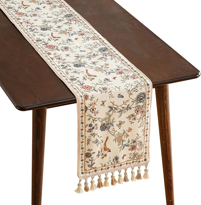 Designer Linen Table Runner 118 Inches Extra Long,Elegant Floral Bird Pattern Table Runners for Dining Room,Farmhouse Rustic Kitchen Decor,Thanksgiving,Christmas,12"*118"-Cornucopia