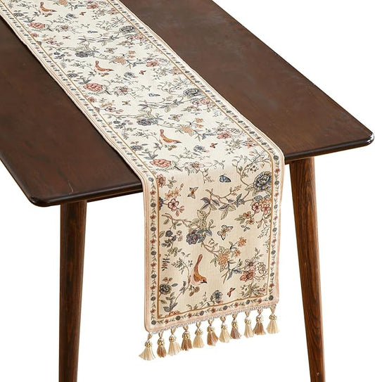 Designer Linen Table Runner 118 Inches Extra Long,Elegant Floral Bird Pattern Table Runners for Dining Room,Farmhouse Rustic Kitchen Decor,Thanksgiving,Christmas,12"*118"-Cornucopia