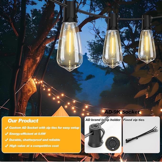 25 FT Outdoor String Lights with 13 Shatterproof Waterproof LED Edison Bulbs Connectable Hanging Patio Lights for Balcony Porch Bistro Garden Decor